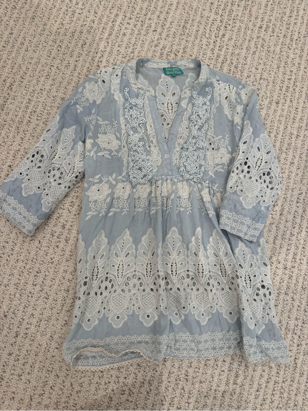 Light Blue Embroidered Long-Sleeve Tunic Dress
